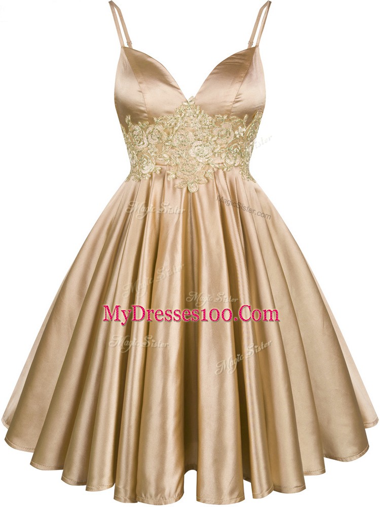 On Sale Spaghetti Straps Sleeveless Lace Up Bridesmaid Dresses Champagne Elastic Woven Satin