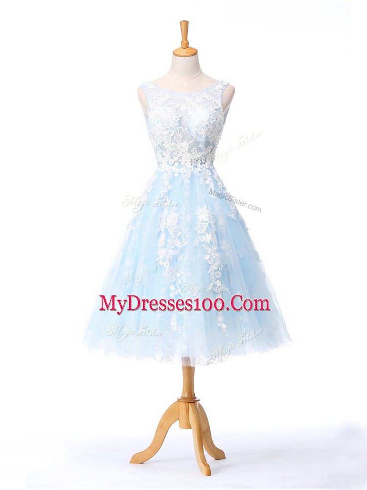 Custom Made Knee Length A-line Sleeveless Light Blue Bridesmaids Dress Backless