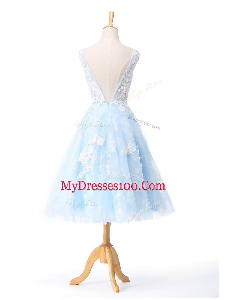 Custom Made Knee Length A-line Sleeveless Light Blue Bridesmaids Dress Backless