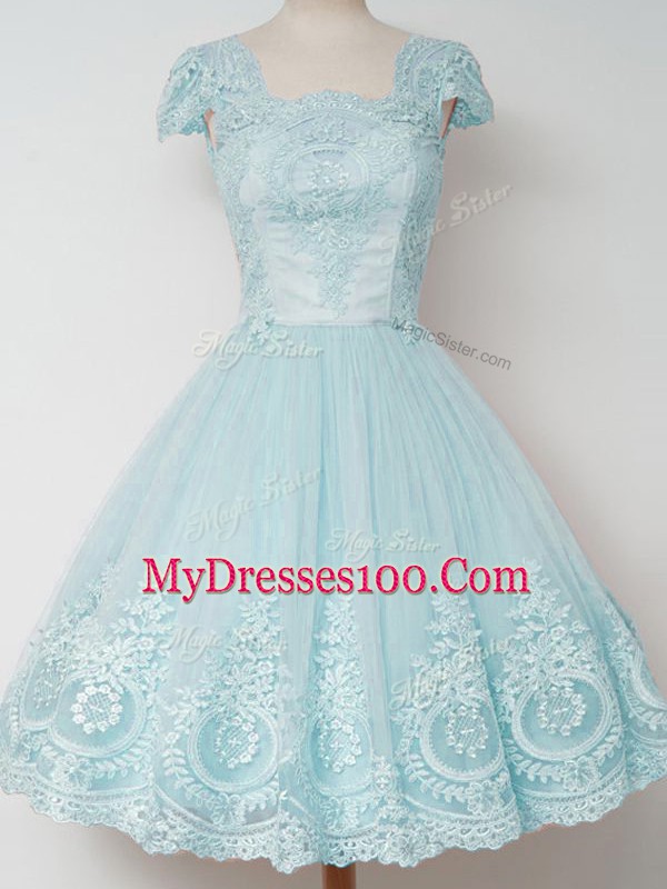 Cap Sleeves Tulle Knee Length Zipper Quinceanera Court of Honor Dress in Aqua Blue with Lace