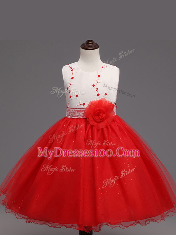 Customized Organza Scoop Sleeveless Zipper Appliques and Hand Made Flower Little Girl Pageant Dress in Red