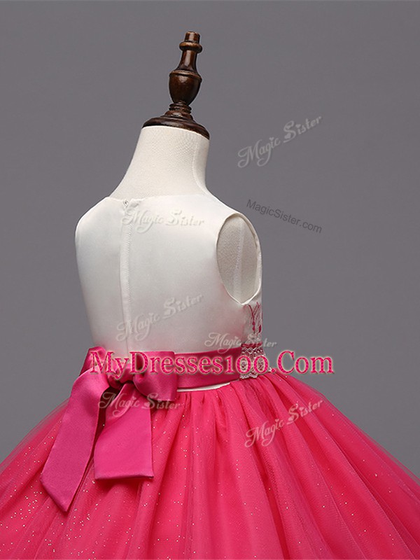 Customized Organza Scoop Sleeveless Zipper Appliques and Hand Made Flower Little Girl Pageant Dress in Red