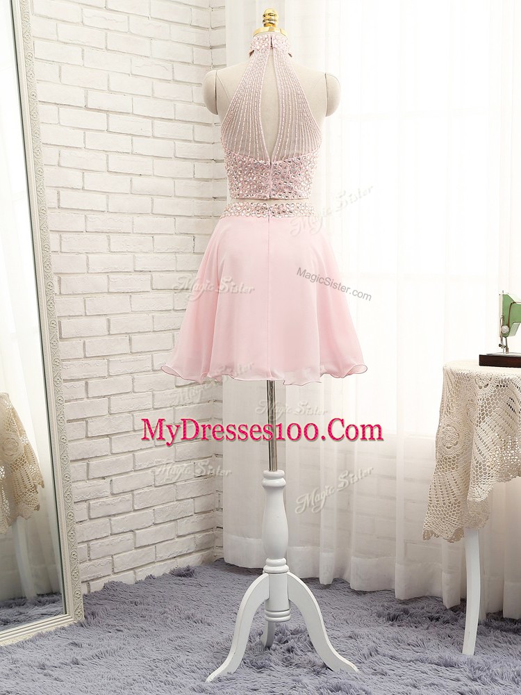 Fitting Mini Length Pink Evening Dress Chiffon Sleeveless Beading