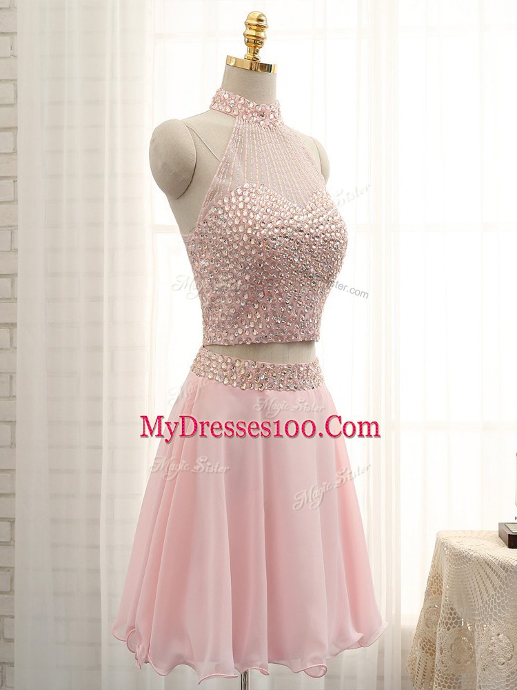 Fitting Mini Length Pink Evening Dress Chiffon Sleeveless Beading