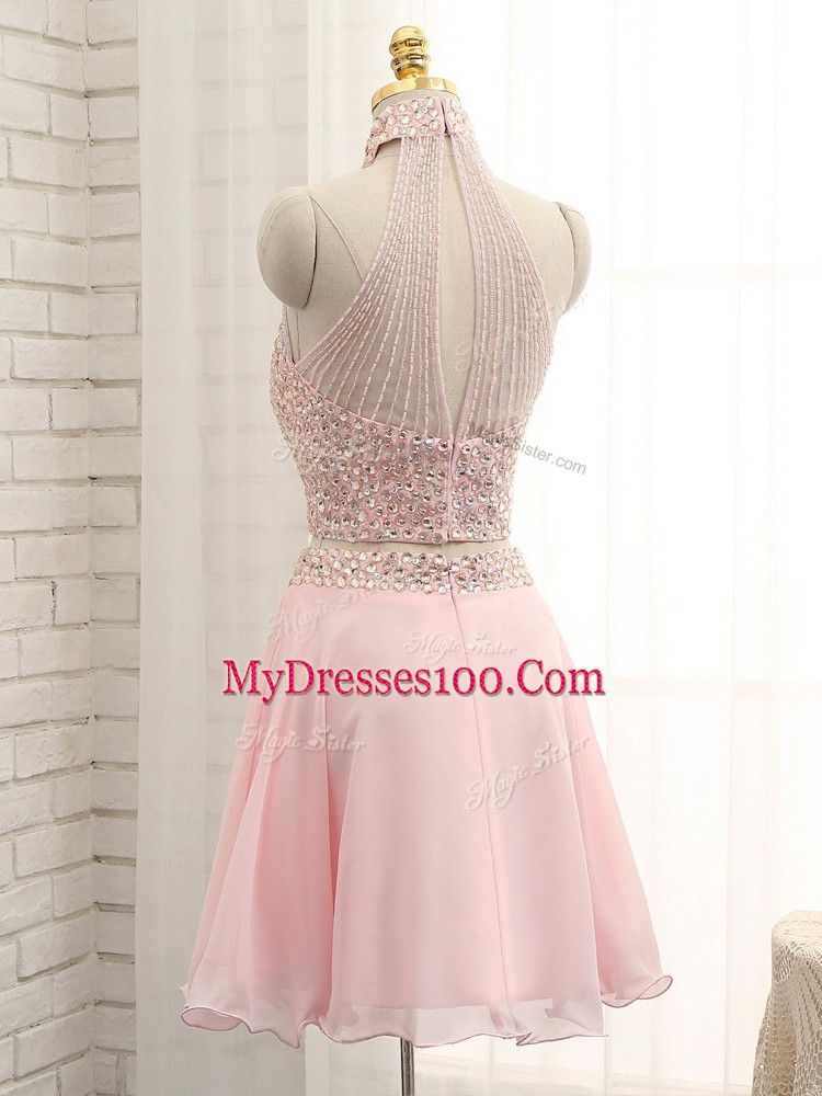 Fitting Mini Length Pink Evening Dress Chiffon Sleeveless Beading