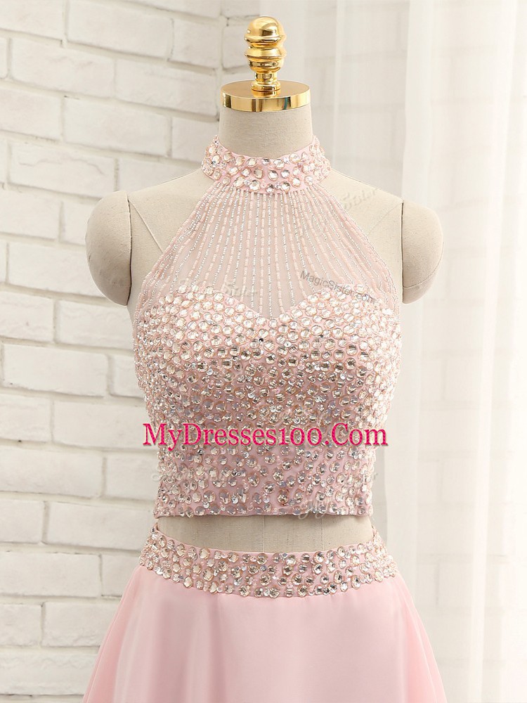 Fitting Mini Length Pink Evening Dress Chiffon Sleeveless Beading
