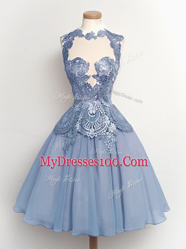 Hot Selling Light Blue High-neck Neckline Lace Bridesmaid Dresses Sleeveless Lace Up