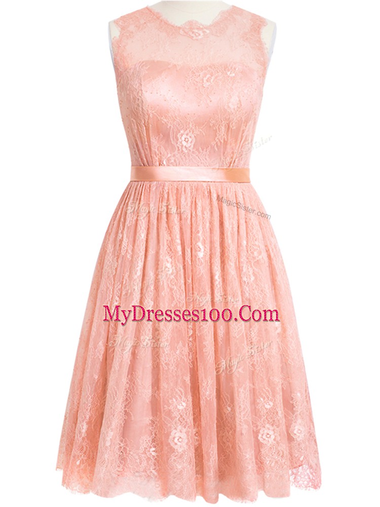 Fantastic Sleeveless Knee Length Lace Zipper Vestidos de Damas with Peach