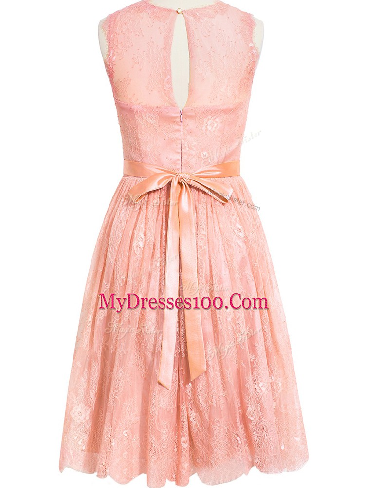 Fantastic Sleeveless Knee Length Lace Zipper Vestidos de Damas with Peach