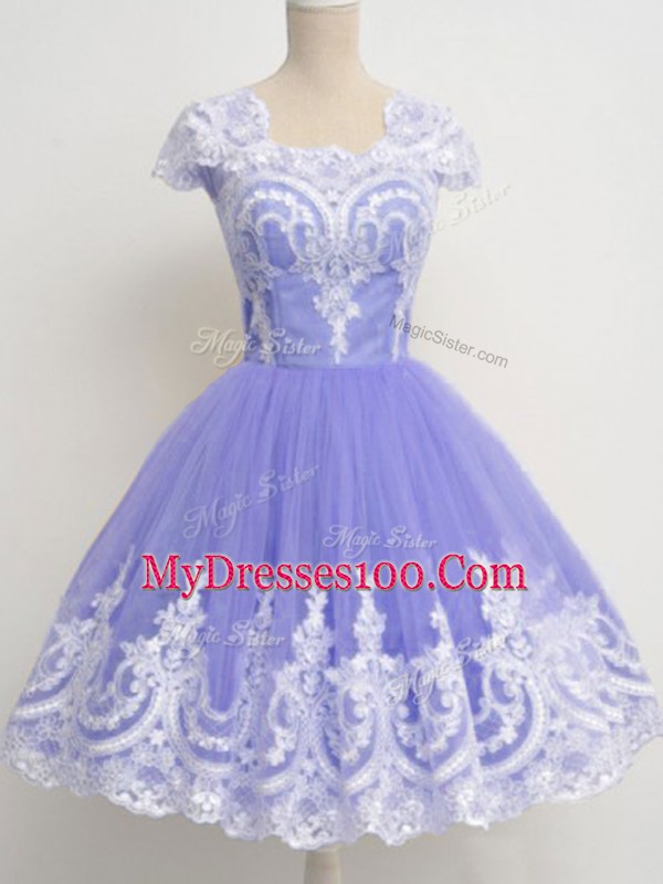Romantic Square Cap Sleeves Bridesmaid Dresses Knee Length Lace Lavender Tulle