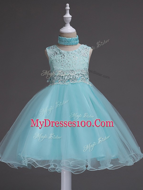 Eye-catching Aqua Blue Kids Pageant Dress Wedding Party with Beading and Lace Scoop Sleeveless Zipper