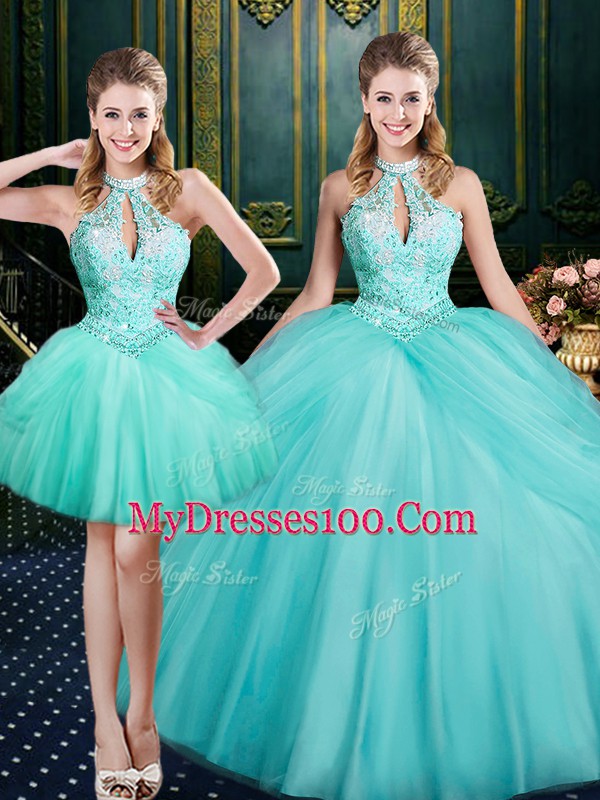 Glittering Aqua Blue Tulle Lace Up Halter Top Sleeveless Floor Length Quinceanera Dress Beading and Pick Ups
