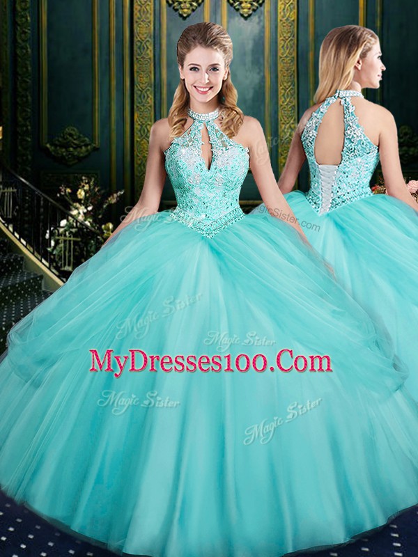 Glittering Aqua Blue Tulle Lace Up Halter Top Sleeveless Floor Length Quinceanera Dress Beading and Pick Ups