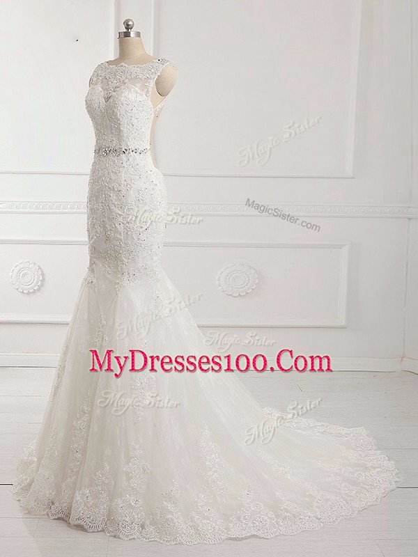 Mermaid Sleeveless White Wedding Dresses Brush Train Backless