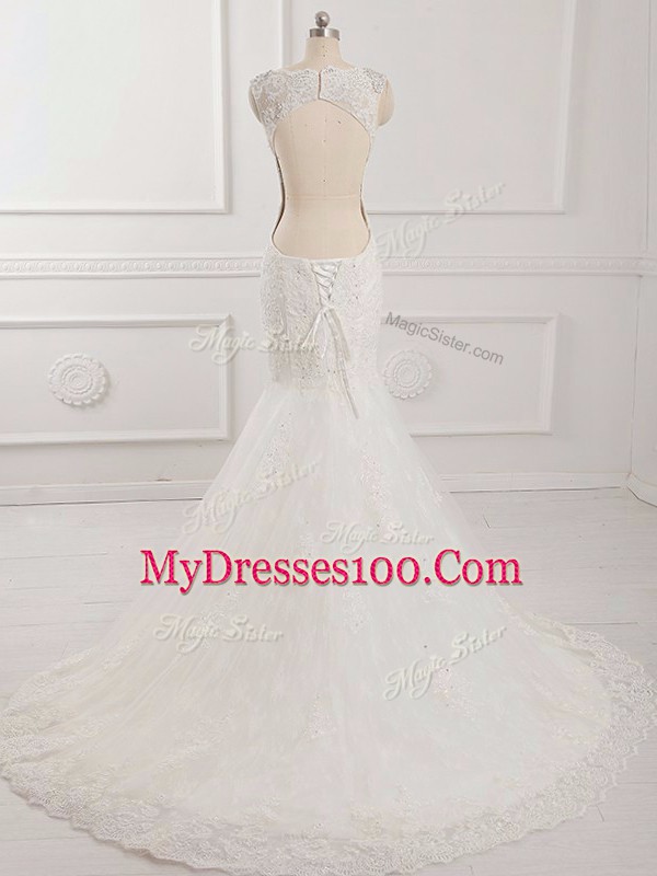 Mermaid Sleeveless White Wedding Dresses Brush Train Backless