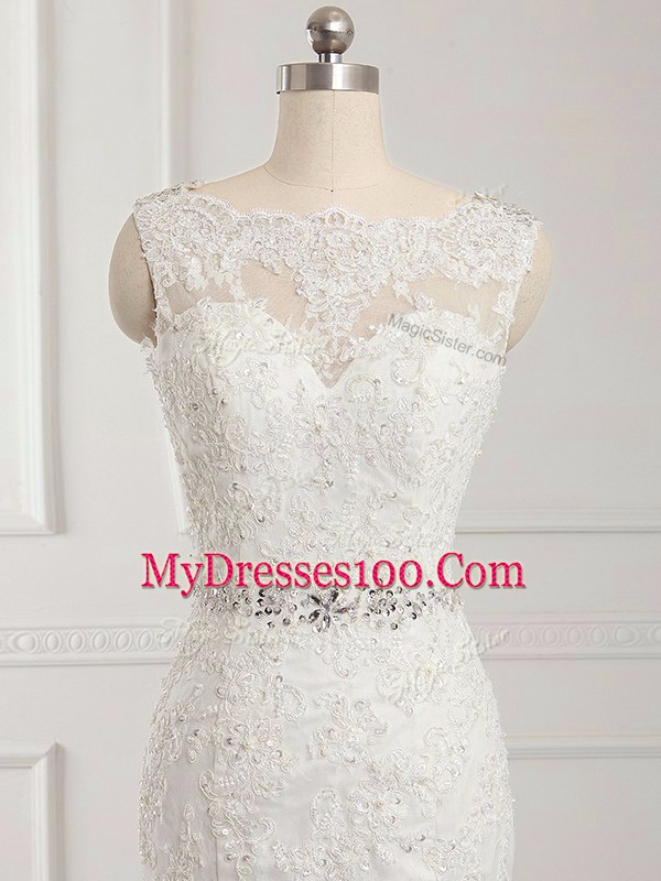 Mermaid Sleeveless White Wedding Dresses Brush Train Backless