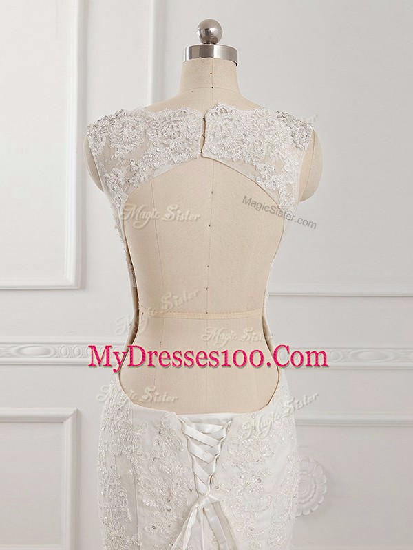 Mermaid Sleeveless White Wedding Dresses Brush Train Backless
