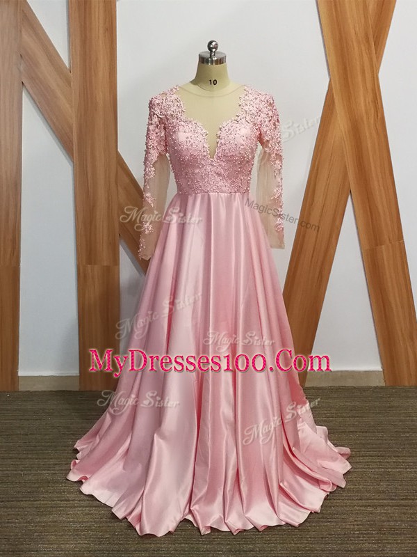 Baby Pink Long Sleeves Elastic Woven Satin Backless Mother Of The Bride Dress for Prom and Party and Military Ball and Sweet 16
