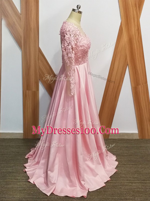 Baby Pink Long Sleeves Elastic Woven Satin Backless Mother Of The Bride Dress for Prom and Party and Military Ball and Sweet 16