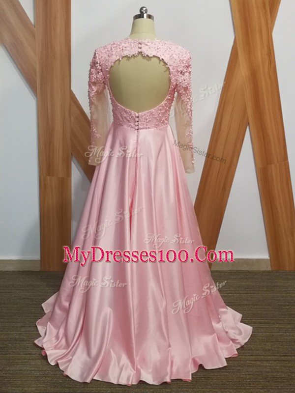 Baby Pink Long Sleeves Elastic Woven Satin Backless Mother Of The Bride Dress for Prom and Party and Military Ball and Sweet 16
