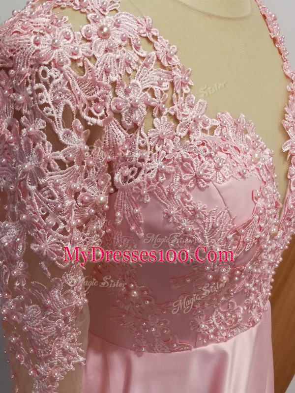 Baby Pink Long Sleeves Elastic Woven Satin Backless Mother Of The Bride Dress for Prom and Party and Military Ball and Sweet 16