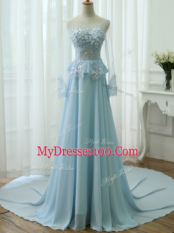 Sumptuous Light Blue Zipper Scoop Beading and Appliques Dress for Prom Chiffon Long Sleeves