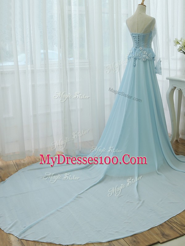 Sumptuous Light Blue Zipper Scoop Beading and Appliques Dress for Prom Chiffon Long Sleeves