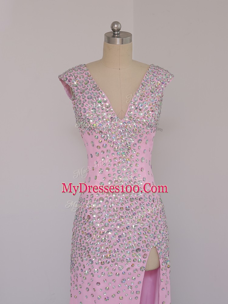 Lilac V-neck Neckline Beading Pageant Dress Short Sleeves Backless
