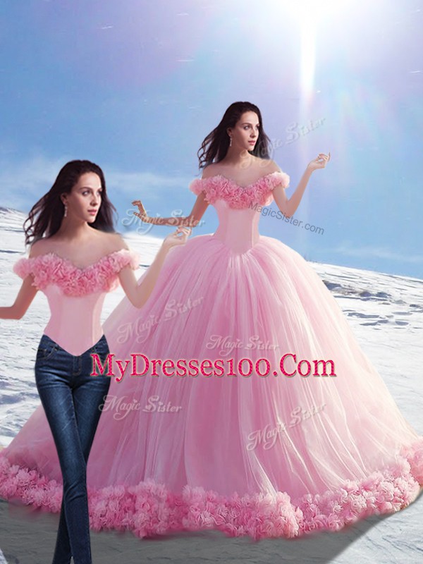 Flare Baby Pink Tulle Lace Up Quinceanera Gowns Sleeveless Brush Train Hand Made Flower