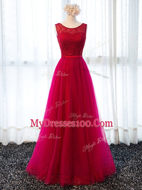 Fashion Sleeveless Floor Length Beading and Belt Lace Up Prom Dress with Fuchsia