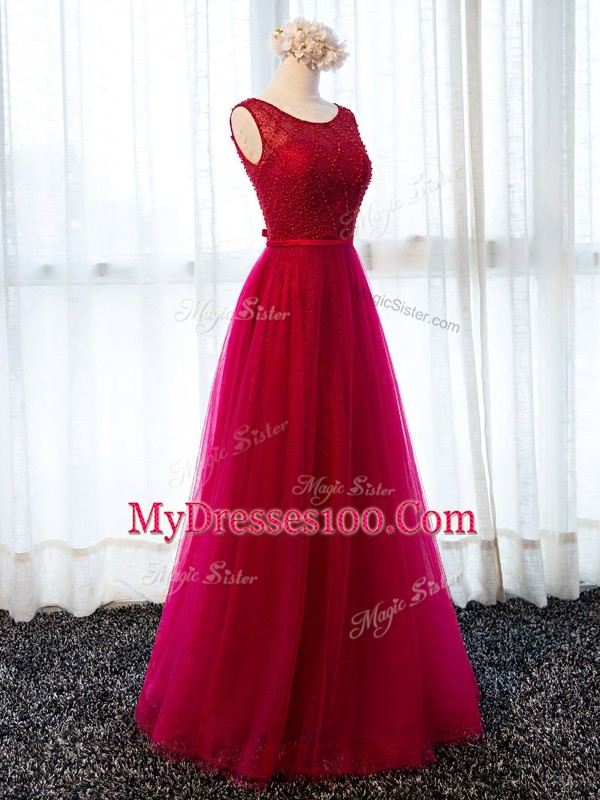 Fashion Sleeveless Floor Length Beading and Belt Lace Up Prom Dress with Fuchsia