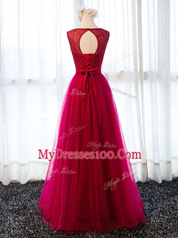 Fashion Sleeveless Floor Length Beading and Belt Lace Up Prom Dress with Fuchsia