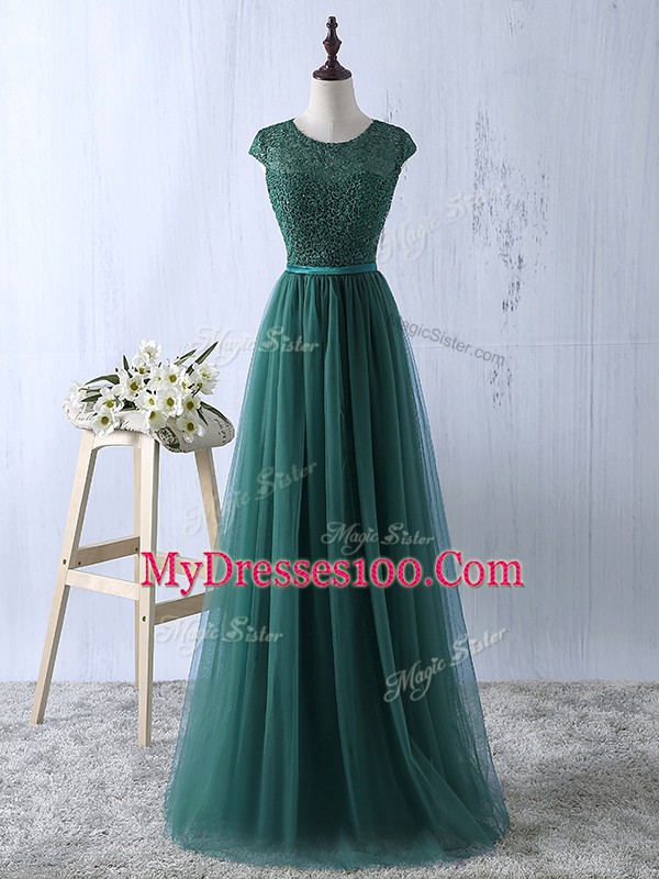 Super Floor Length Zipper Homecoming Dress Dark Green for Prom and Party and Military Ball with Lace