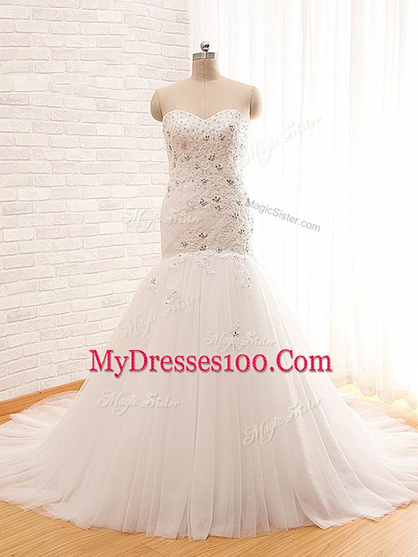 Designer Brush Train Mermaid Wedding Dress White Sweetheart Tulle Sleeveless Lace Up