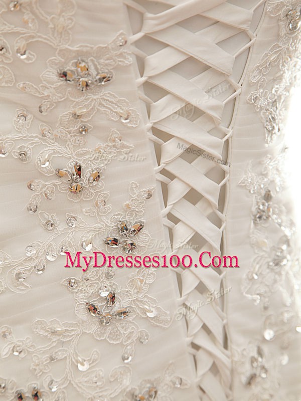 Designer Brush Train Mermaid Wedding Dress White Sweetheart Tulle Sleeveless Lace Up