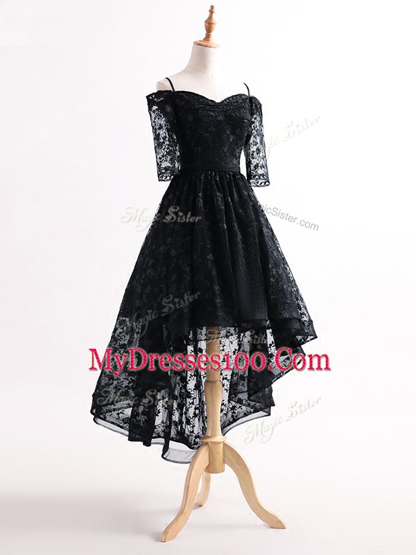 Modern High Low Black Tulle Half Sleeves Lace