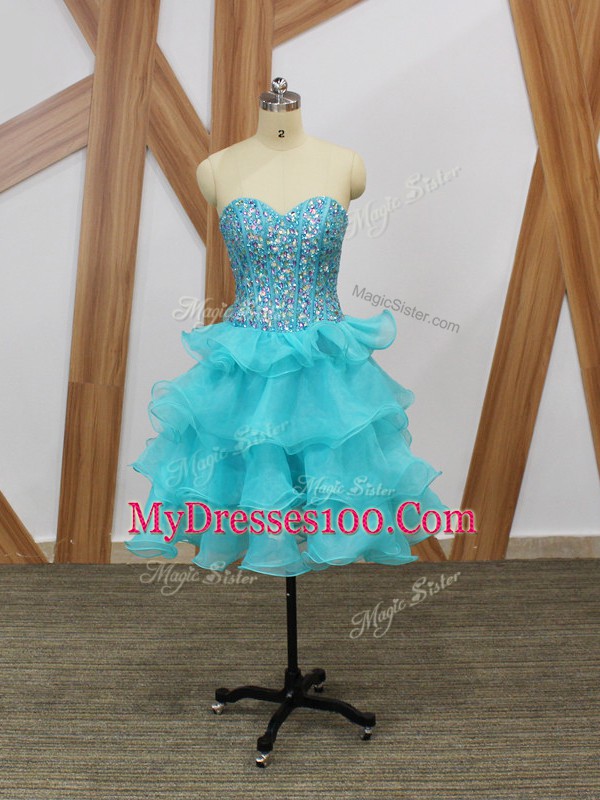 Deluxe Aqua Blue Zipper Cocktail Dresses Beading and Ruffled Layers Sleeveless Mini Length
