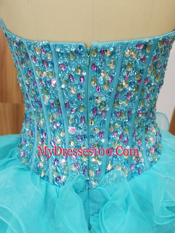 Deluxe Aqua Blue Zipper Cocktail Dresses Beading and Ruffled Layers Sleeveless Mini Length