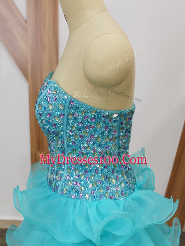 Deluxe Aqua Blue Zipper Cocktail Dresses Beading and Ruffled Layers Sleeveless Mini Length