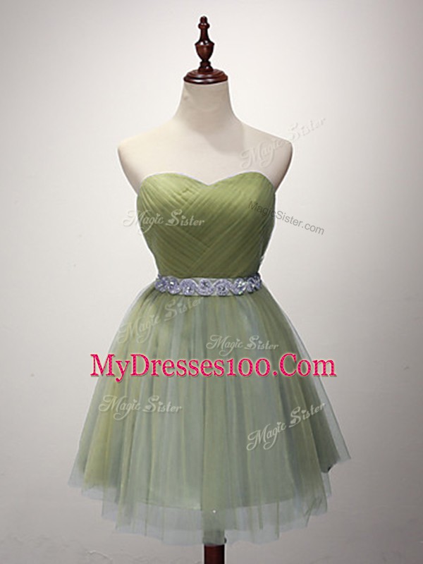 Shining Olive Green Tulle Lace Up Bridesmaid Gown Sleeveless Mini Length Beading and Ruching