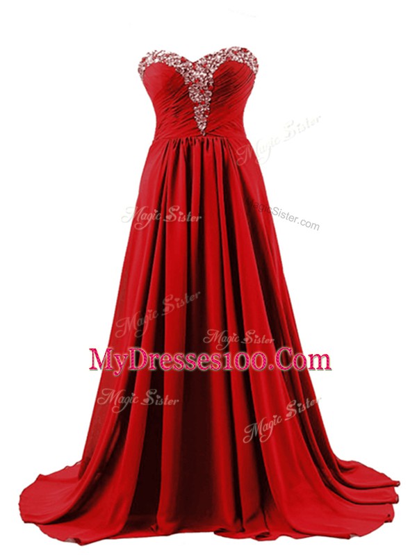 Elastic Woven Satin Sleeveless Homecoming Dress Brush Train and Beading