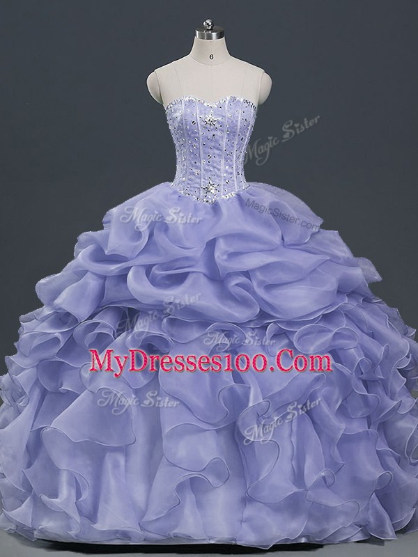Lavender Sleeveless Beading and Ruffles and Pick Ups Floor Length Ball Gown Prom Dress