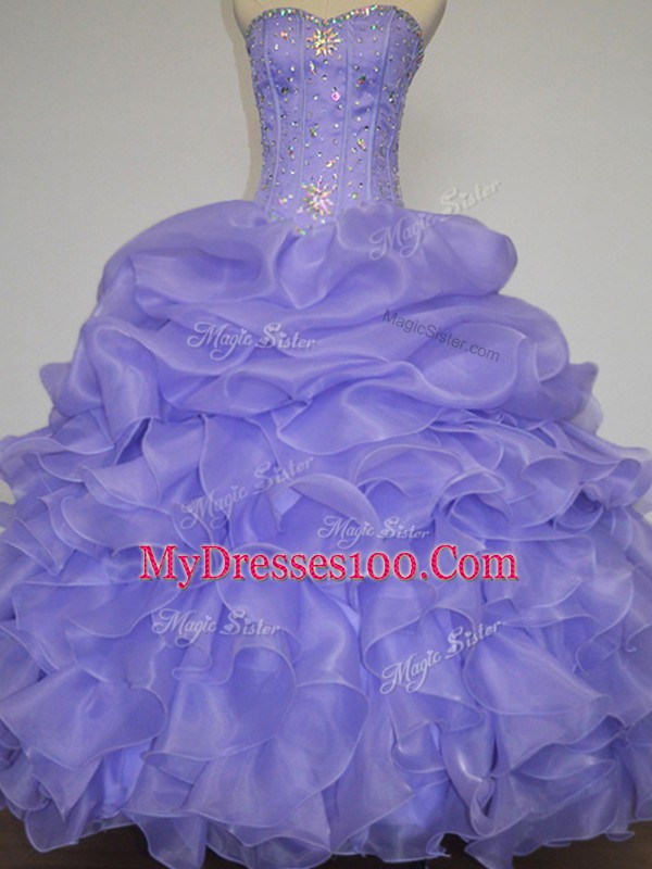 Lavender Sleeveless Beading and Ruffles and Pick Ups Floor Length Ball Gown Prom Dress