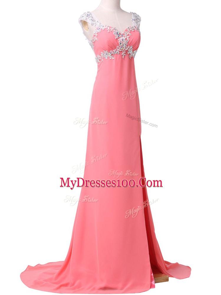 Sophisticated Brush Train Empire Evening Dress Watermelon Red Sweetheart Chiffon Cap Sleeves Zipper