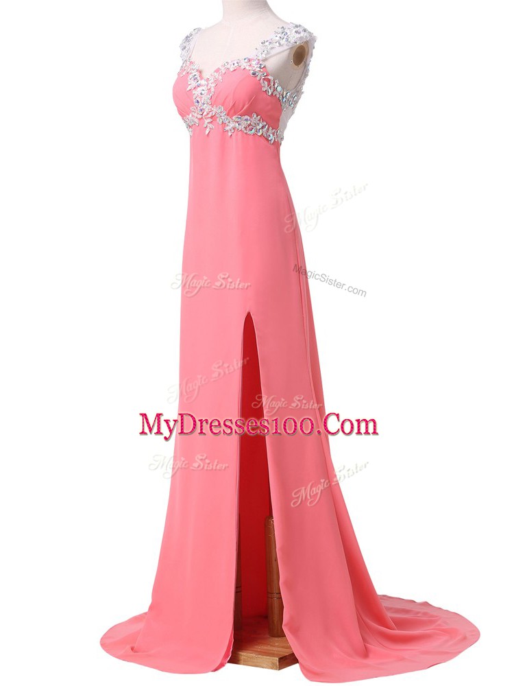Sophisticated Brush Train Empire Evening Dress Watermelon Red Sweetheart Chiffon Cap Sleeves Zipper