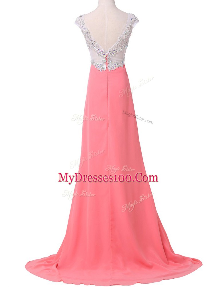 Sophisticated Brush Train Empire Evening Dress Watermelon Red Sweetheart Chiffon Cap Sleeves Zipper