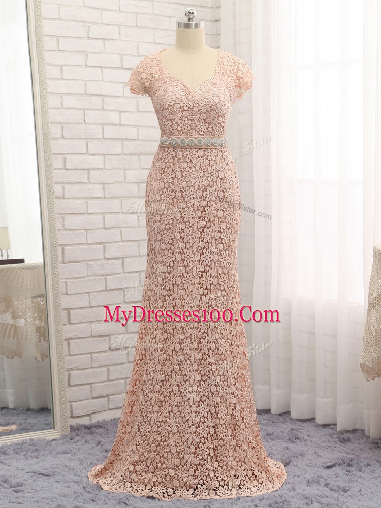 Peach Lace Zipper Mother Of The Bride Dress Cap Sleeves Floor Length Beading and Belt