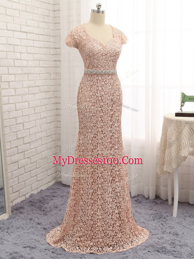 Peach Lace Zipper Mother Of The Bride Dress Cap Sleeves Floor Length Beading and Belt
