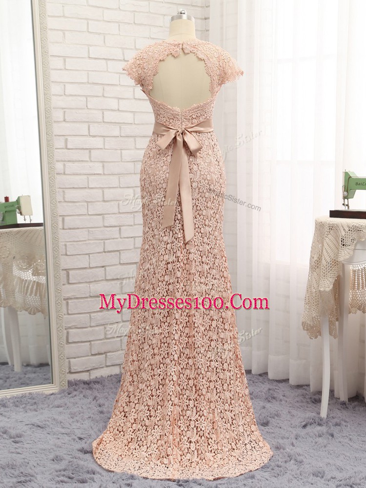 Peach Lace Zipper Mother Of The Bride Dress Cap Sleeves Floor Length Beading and Belt