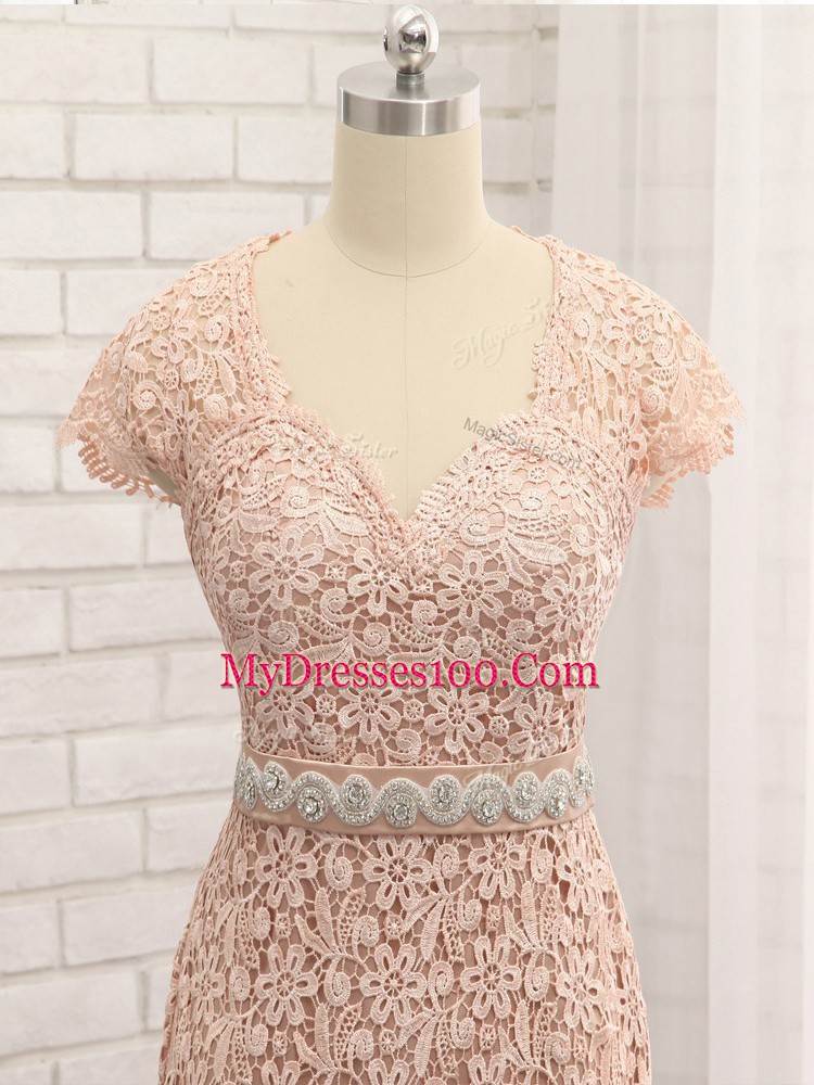 Peach Lace Zipper Mother Of The Bride Dress Cap Sleeves Floor Length Beading and Belt